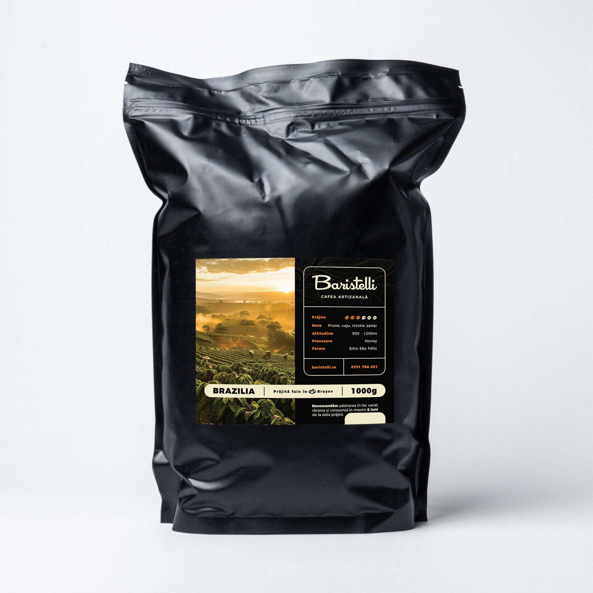 Cafea Brazilia single origin Baristelli, gust echilibrat, prăjire medie, ideală pentru cappuccino