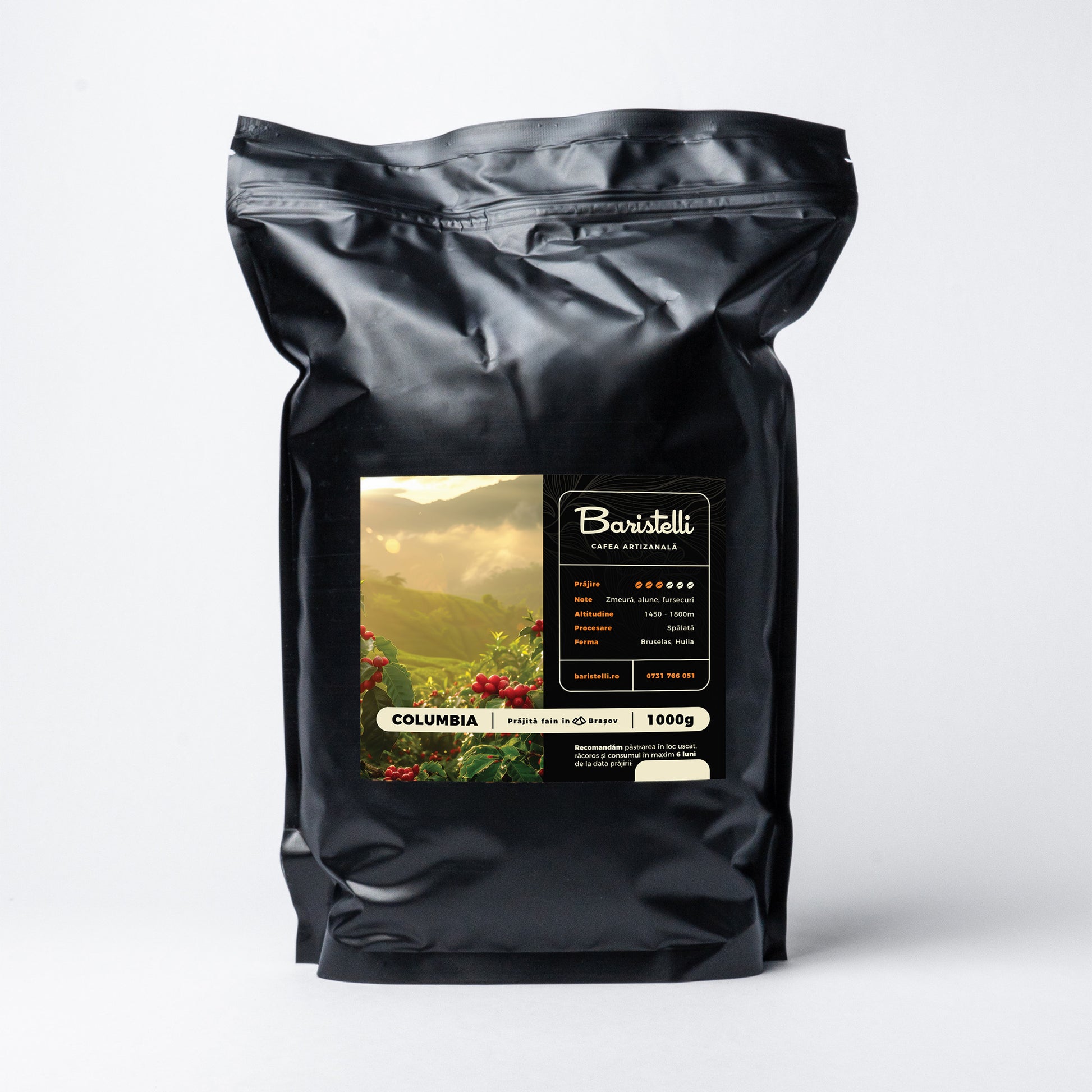 Cafea de origine Columbia Baristelli, 100% Arabica, arome intense și aciditate fină, disponibilă pe Baristelli