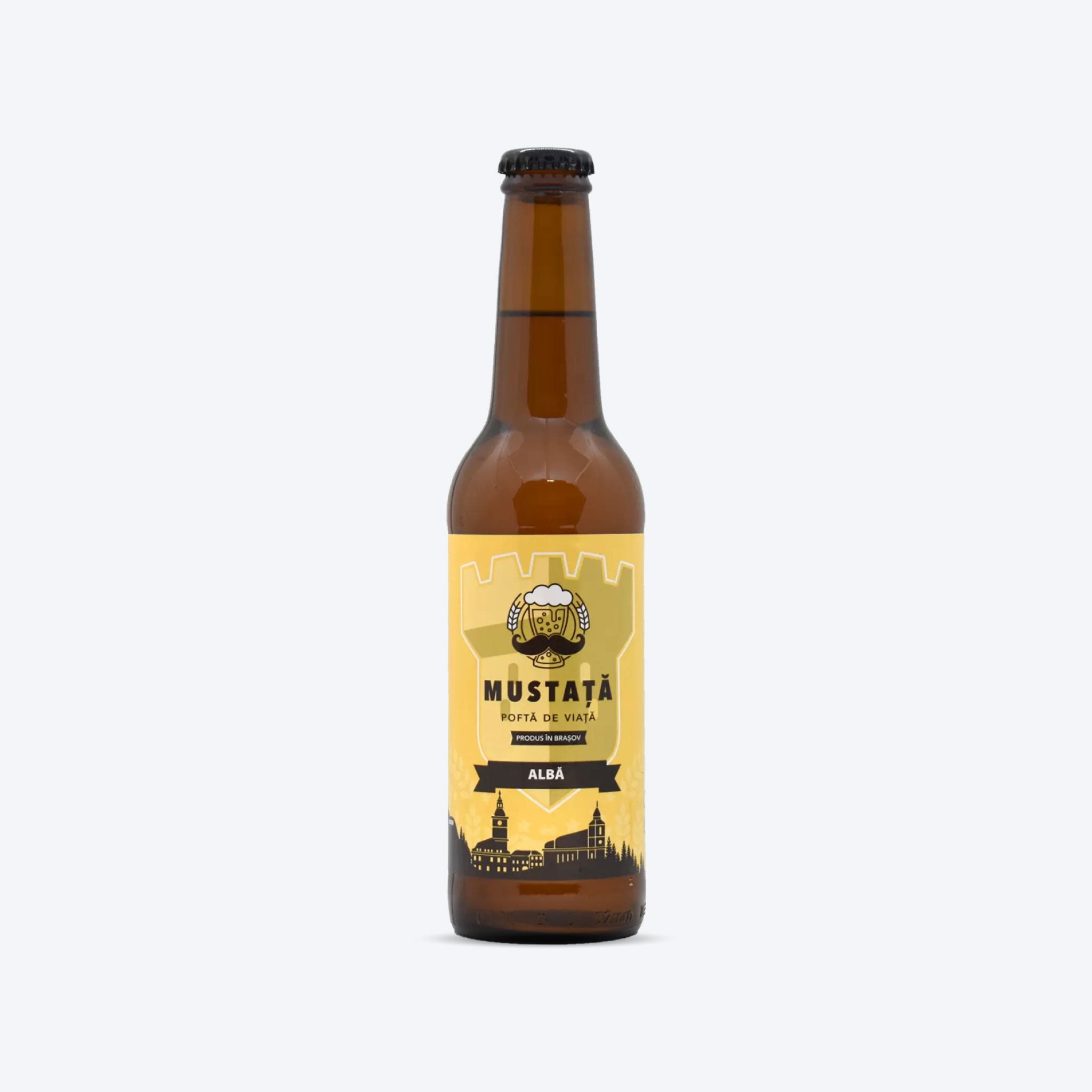 Sticlă de bere artizanală Mustață de Bere Albă 330ml, produsă în Brașov, cu arome distincte și gust rafinat